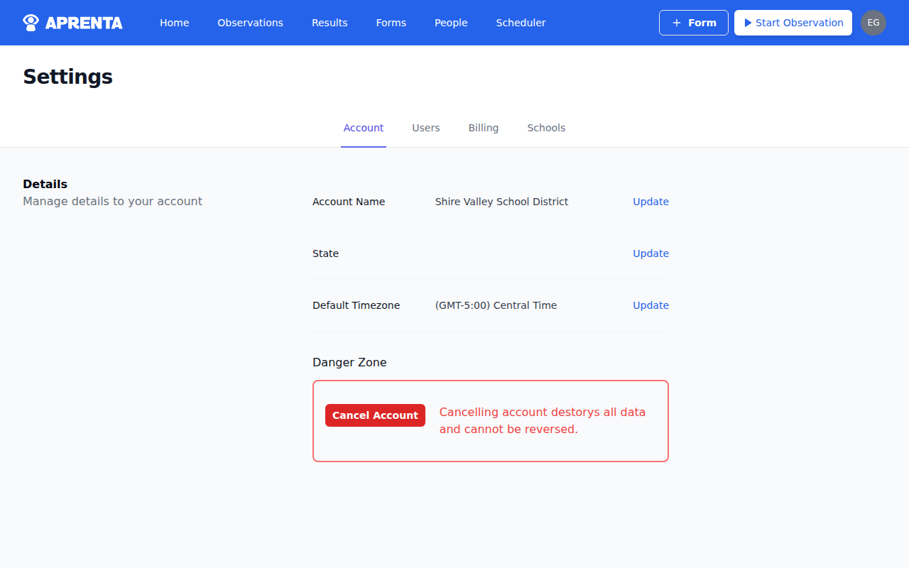 The Account Settings page showing organization name, profile, and account options