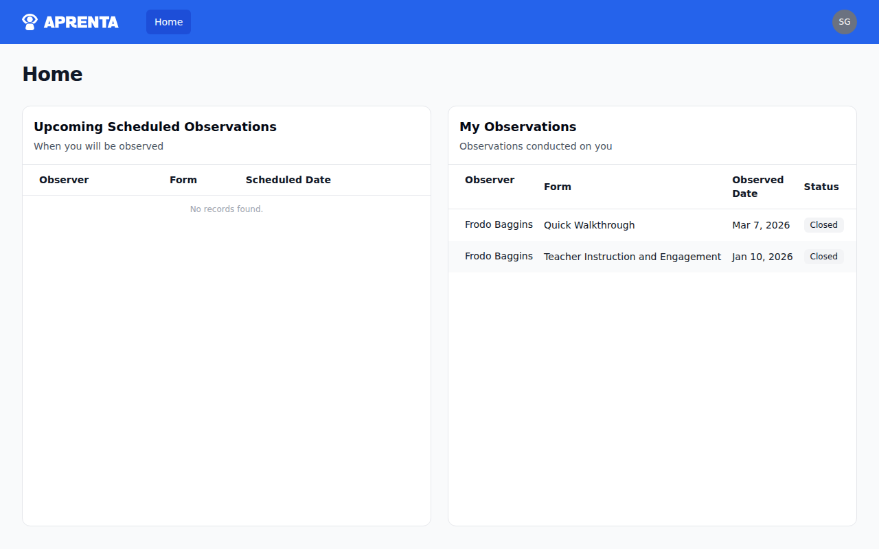 The teacher's Home dashboard showing upcoming and completed observations