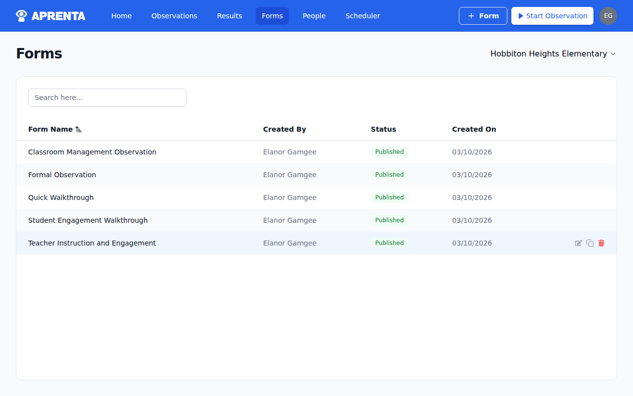 The Forms page showing a list of observation forms with status and school columns