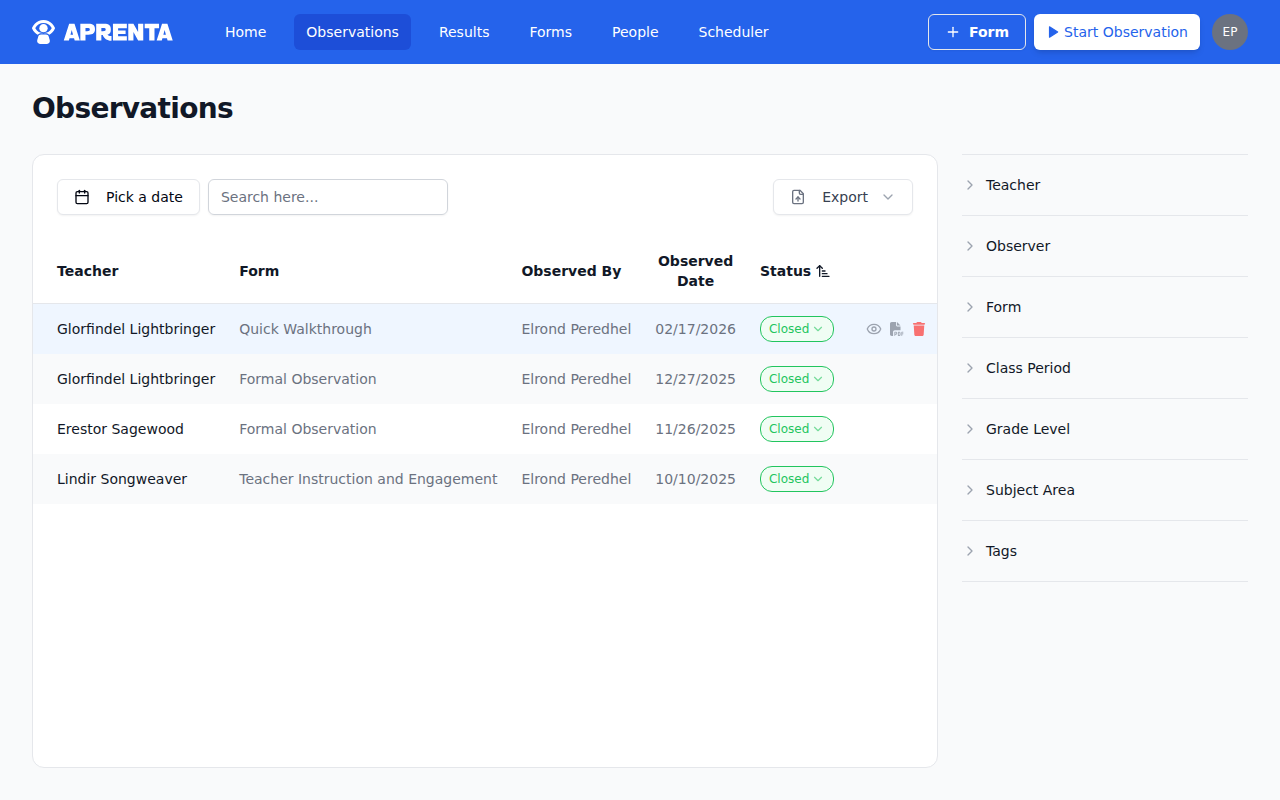 The Observations page showing the PDF icon in the Actions column and Export dropdown in the header