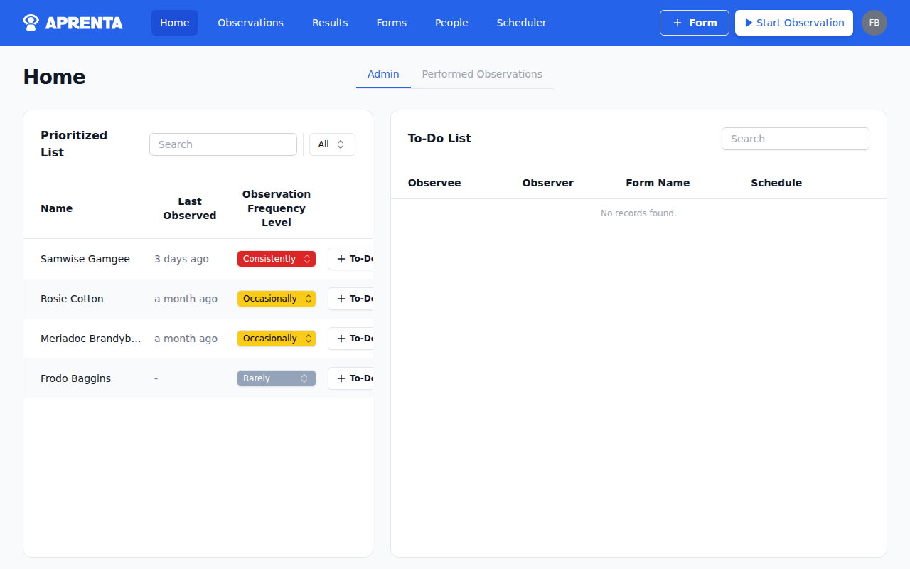 The Home page Administrator tab showing the Prioritized List on the left and To-Do List on the right