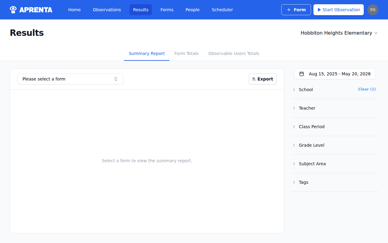 The Results page showing the form selection dropdown and filter panel for date range, school, teacher, and category