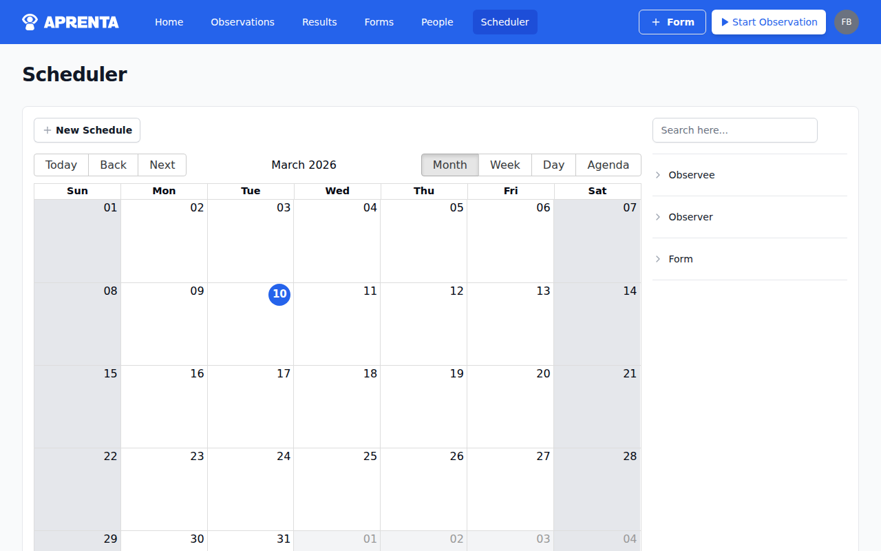 The Scheduler page showing the calendar with New Schedule button and scheduled observations